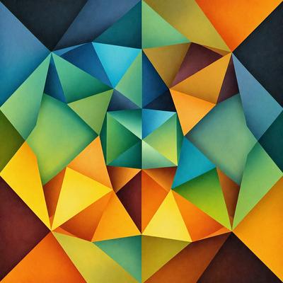 The primary subject of the image is a geometric pattern, featuring a mix of blue, green, yellow, and orange colors. The setting is a black background, which contrasts with the vibrant colors of the pattern. The visual style appears to be a combination of digital art and illustration, creating a unique and eye-catching design. The dominant colors and overall atmosphere of the image are lively and energetic, with the geometric pattern capturing the viewer's attention.